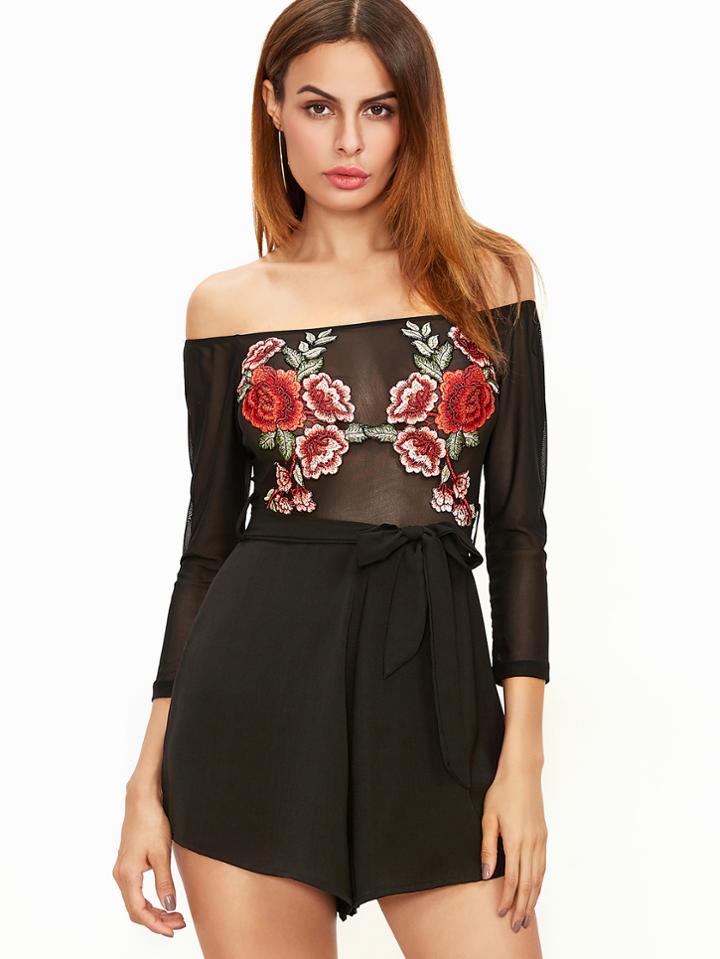 Shein Black Embroidered Mesh Top Belted Off The Shoulder Romper