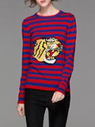 Shein Blue Red Striped Tiger Embroidered Sweater