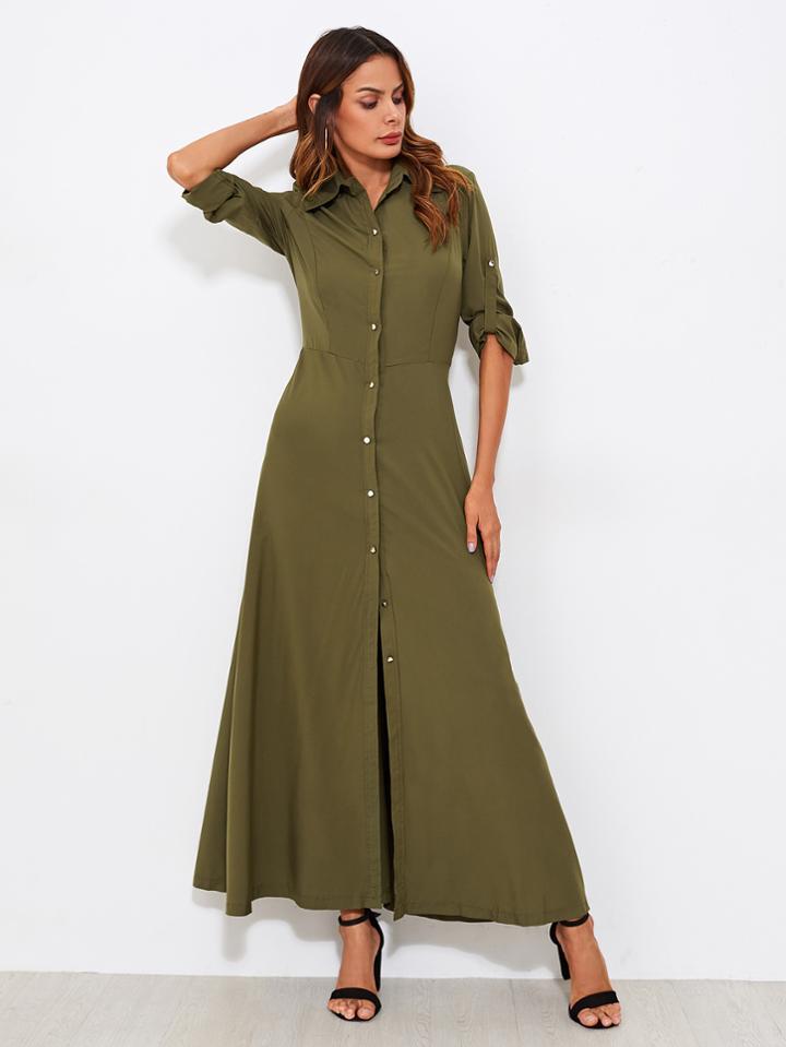 Shein Roll Tab Sleeve Full Length Shirt Dress
