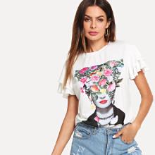 Shein Figure & Flower Print Flutter Sleeve Tee