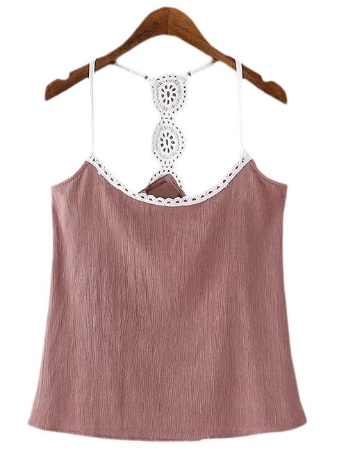 Shein Purplish Red Backless Lace Splicing Spaghetti Strap Tank Top
