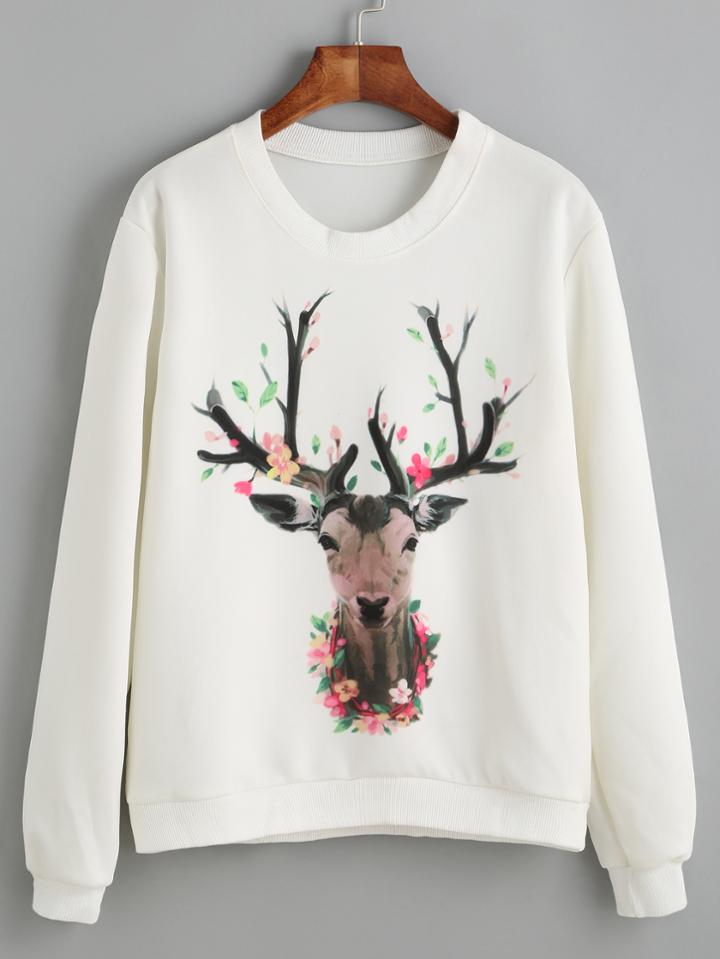Shein White Deer Print Sweatshirt