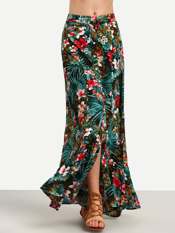 Shein Multicolor Floral Split Maxi Skirt
