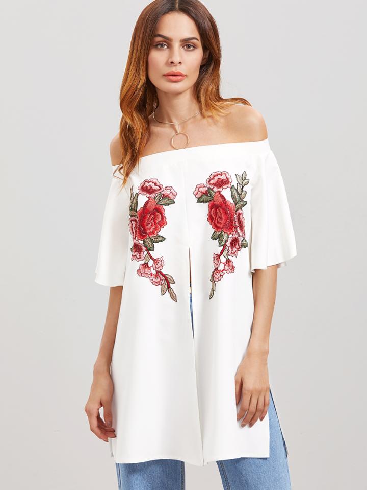 Shein White Off The Shoulder Embroidered Flower Applique Split Front Top