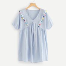 Shein V Neckline Pom Pom Trim Dress