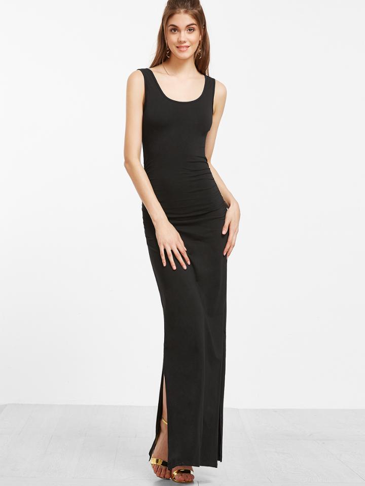Shein Black Scoop Neck Sleeveless Maxi Slit Dress