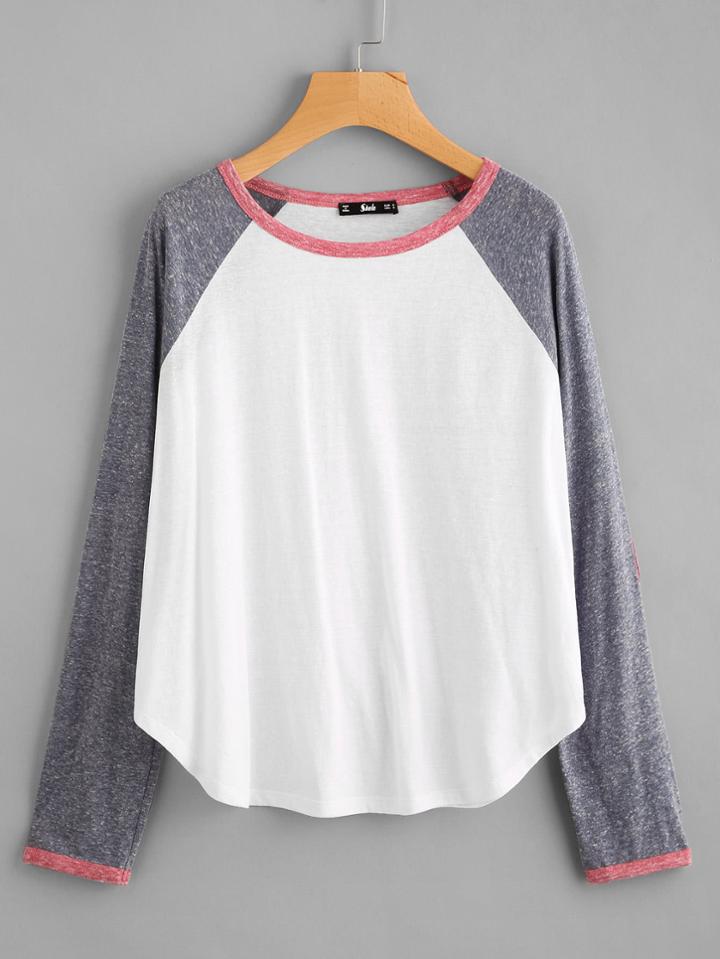Shein Raglan Sleeve Elbow Patch Curved Hem Tee