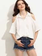 Shein White Turndown Collar Cutout Back Cold Shoulder Button Blouse