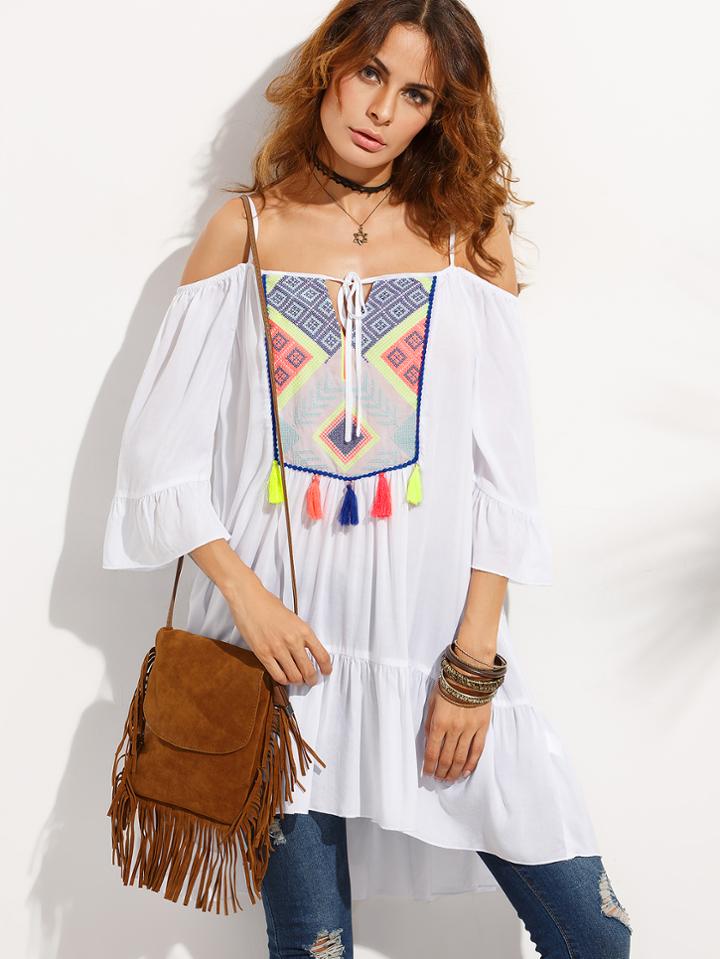 Shein White Embroidered Tassel Cold Shoulder Shift Dress