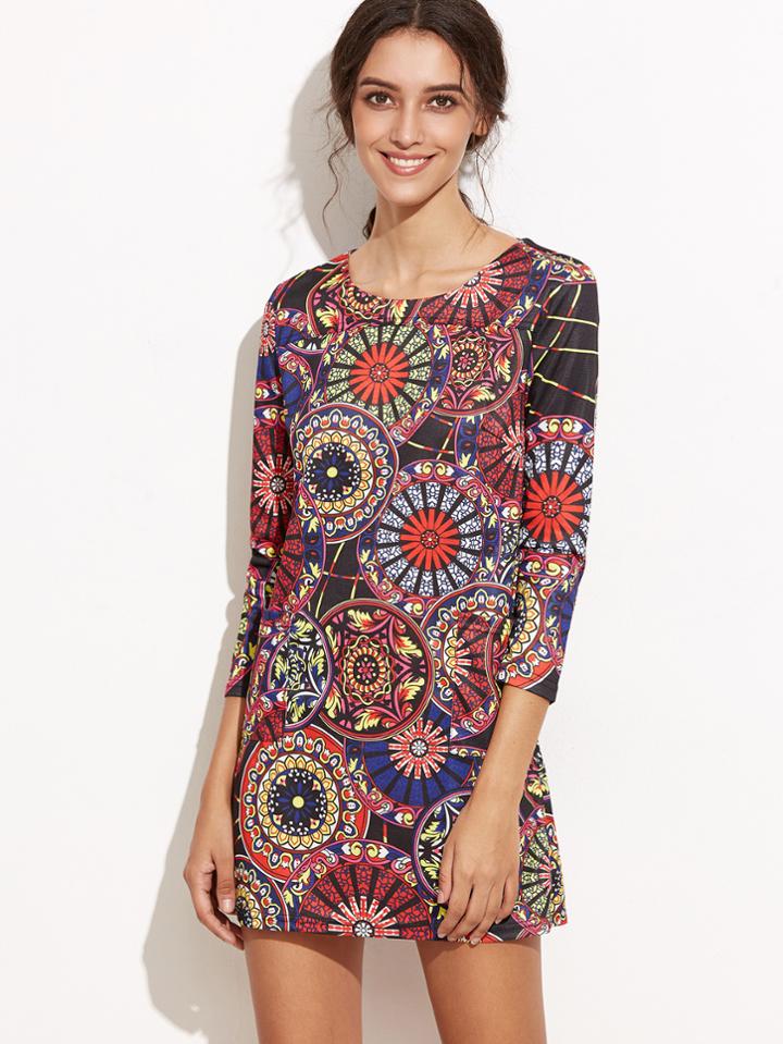 Shein Vintage Print Pockets Shift Dress