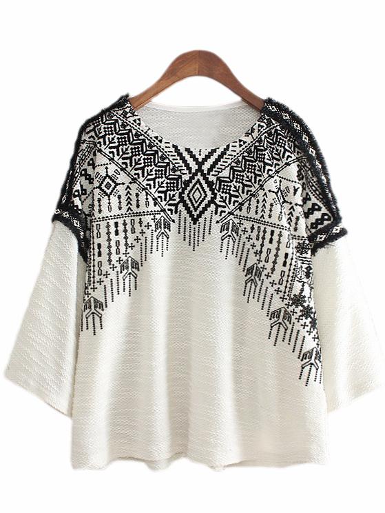 Shein White Bell Sleeve Flocking Fringe Blouse