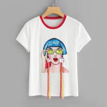 Shein Studs & Flower Applique Figure Print Tee