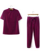 Shein Short Sleeve Velvet Tee With Drawstring Pants