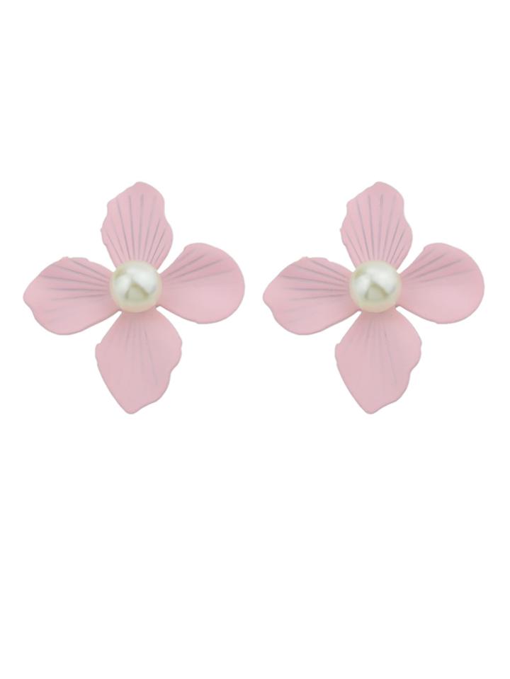 Shein Pink Color Four Leaf Flower Pearl Earrings