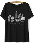 Shein Black Short Sleeve Cactus Embroidered T-shirt