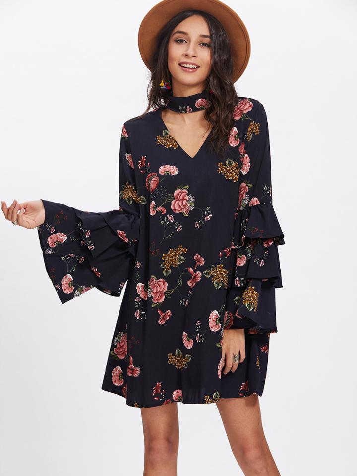 Shein Tiered Bell Sleeve Choker Neck Swing Dress