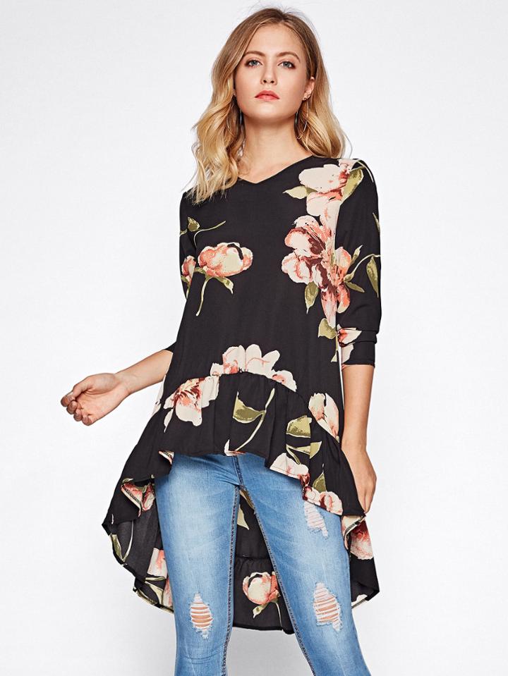 Shein Random Florals Frill Hem Chiffon Top