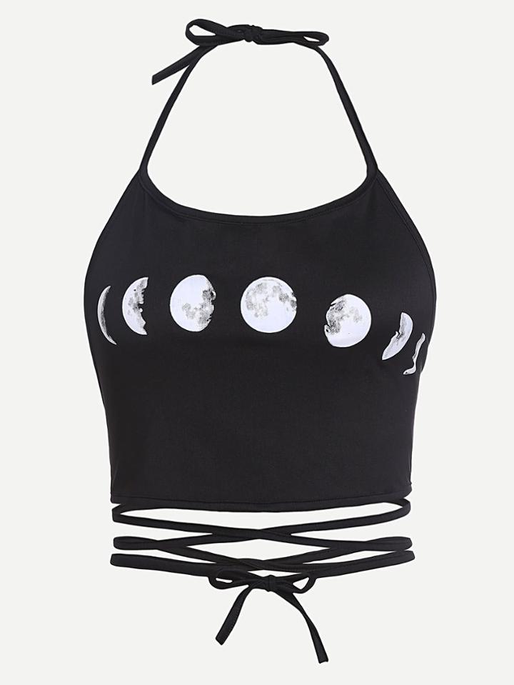 Shein Moon Phases Print Lace Up Self Tie Top