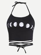 Shein Moon Phases Print Lace Up Self Tie Top