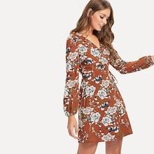 Shein Floral Print Lantern Sleeve Surplice Wrap Dress