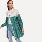 Shein Zipper Up Drawstring Color Block Rain Coat