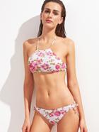 Shein Hot Pink Floral Print Halter Tie Side Bikini Set
