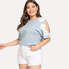 Shein Plus Cold Shoulder Flower Decorative Tee