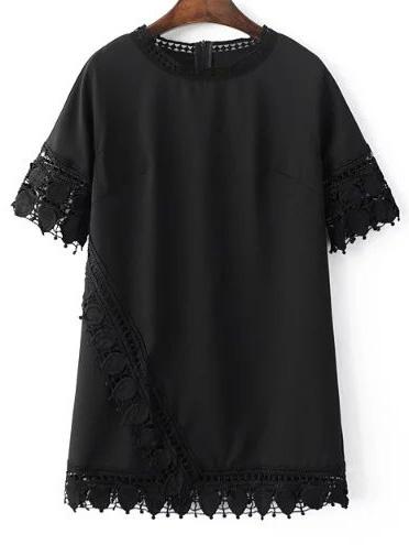Shein Black Short Sleeve Zipper Back Lace Trim Shift Dress