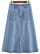 Shein Blue Pockets Split A Line Denim Skirt