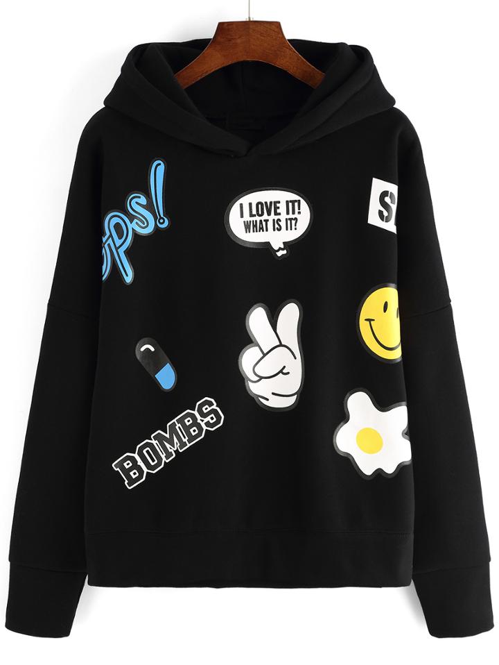 Shein Black Hooded Cartoon Print Loose Sweatshirt