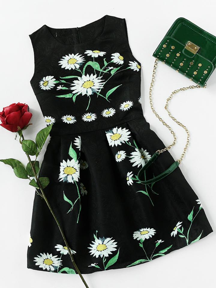 Shein Daisy Print Embossed Fit & Flare Dress