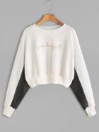 Shein Beige Contrast Pu Leather Raglan Sleeve Embroidered Crop Sweatshirt