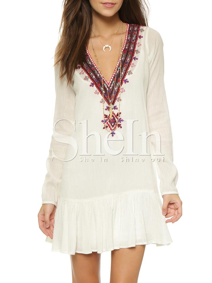 Shein Beige Long Sleeve Broderie Folk Ethnic Charming Nice Bonny Glamour V Neck Embroidered Dress