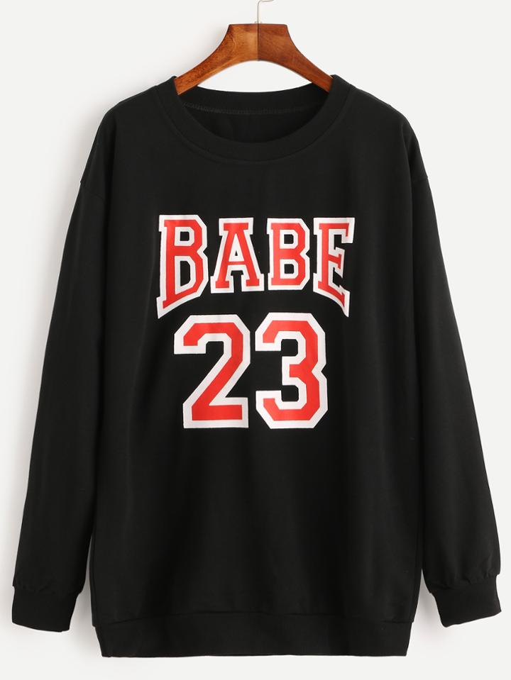 Shein Black Varsity Print Sweatshirt