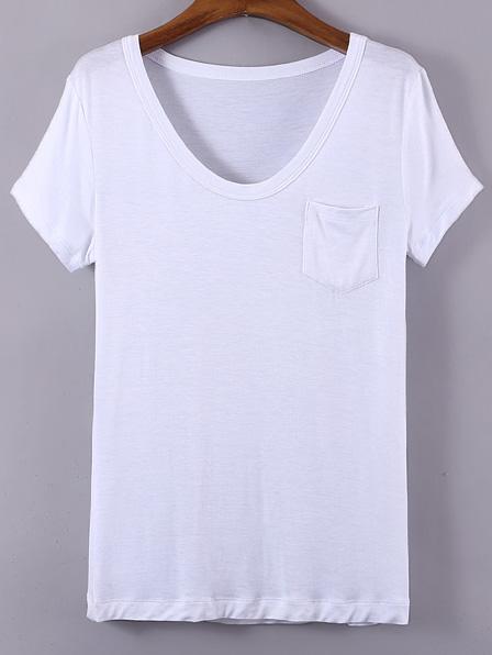 Shein White V Neck Pocket Short Sleeve Casual T-shirt
