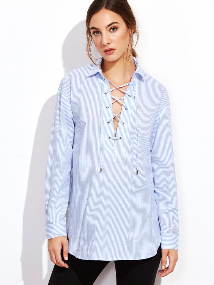 Shein Blue Vertical Striped Lace Up Blouse
