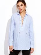 Shein Blue Vertical Striped Lace Up Blouse
