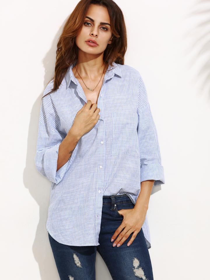 Shein Blue Striped Roll Up Sleeve Blouse
