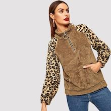 Shein Quarter Zip Leopard Panel Teddy Sweatshirt