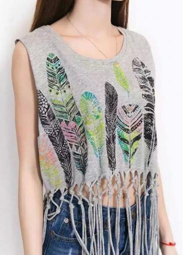 Rosewe Round Neck Fringe Embellished Grey Tank Top