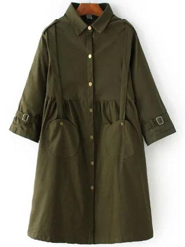 Shein Army Green Single Breasted Dress With Strap Pocket Detail