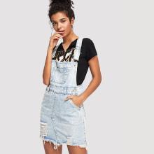 Shein Frayed Hem Ripped Denim Overall Dress