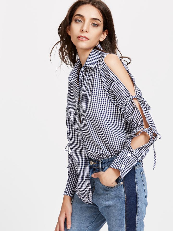 Shein Gingham Plaid Split Sleeve Tie Detail Blouse