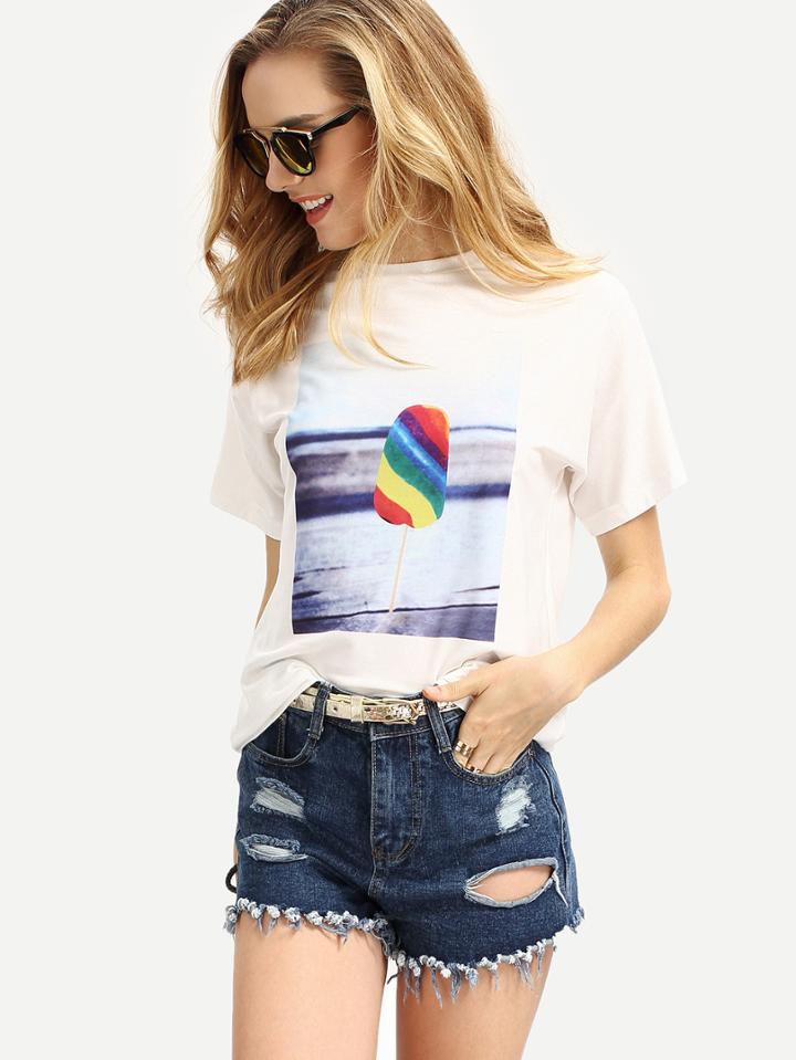 Shein White Short Sleeve Ice Cream Print T-shirt