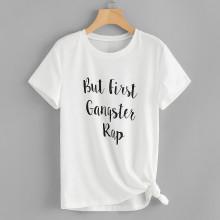 Shein Letter Print Asymmetrical Hem Tee