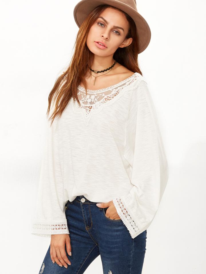 Shein Beige Lace Crochet Long Sleeve T-shirt