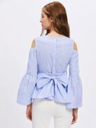 Shein Open Shoulder Fluted Sleeve Button Bow Back Blouse