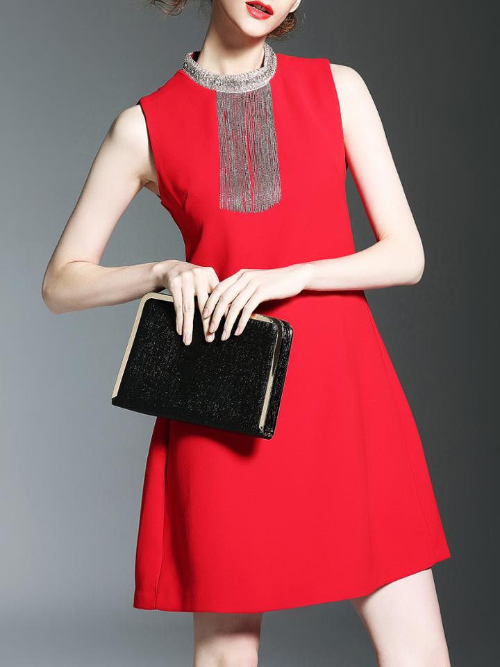 Shein Red Beading Fringe Shift Dress