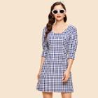 Shein Plaid Zip Back Puff Sleeve Dress