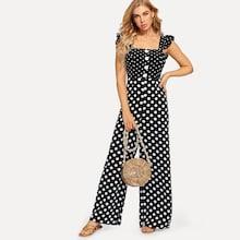 Shein Ruffle Strap Button Detail Polka Dot Palazzo Jumpsuit